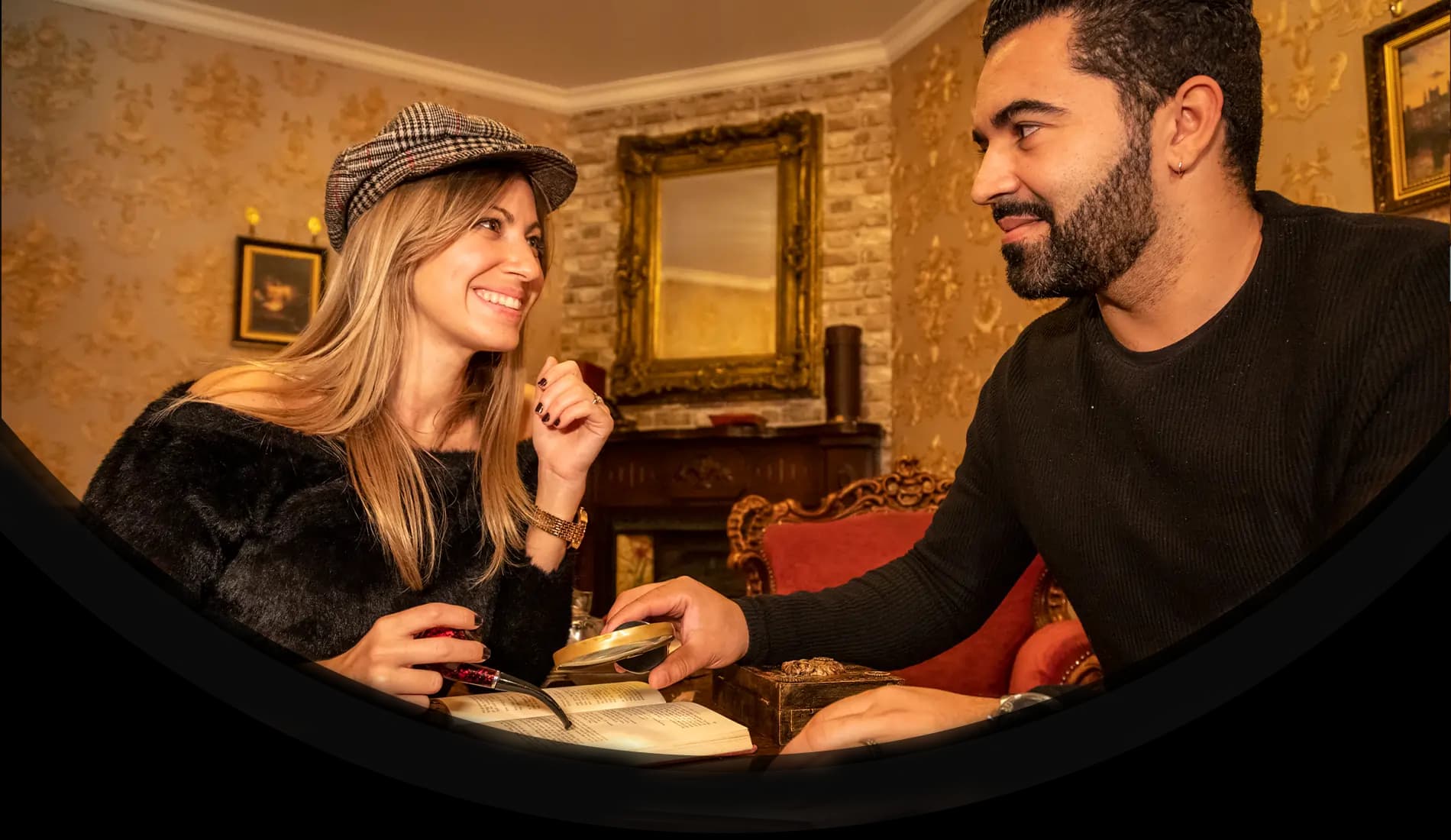 Couple having fun at the Baker street mystery date night in Incognito escape room Dublin, Ireland